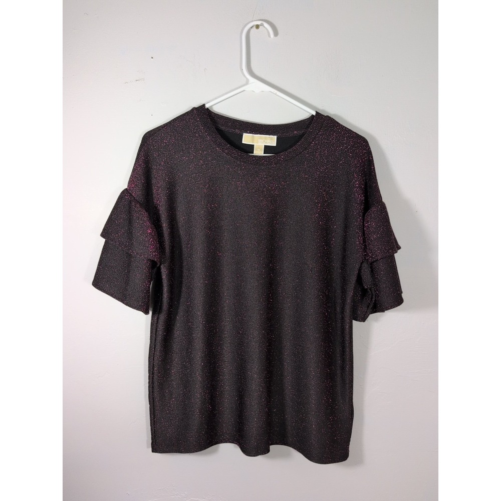 Michael Kors Womens Purple & Black Sparkle Ruffled Blouse‎ Medium